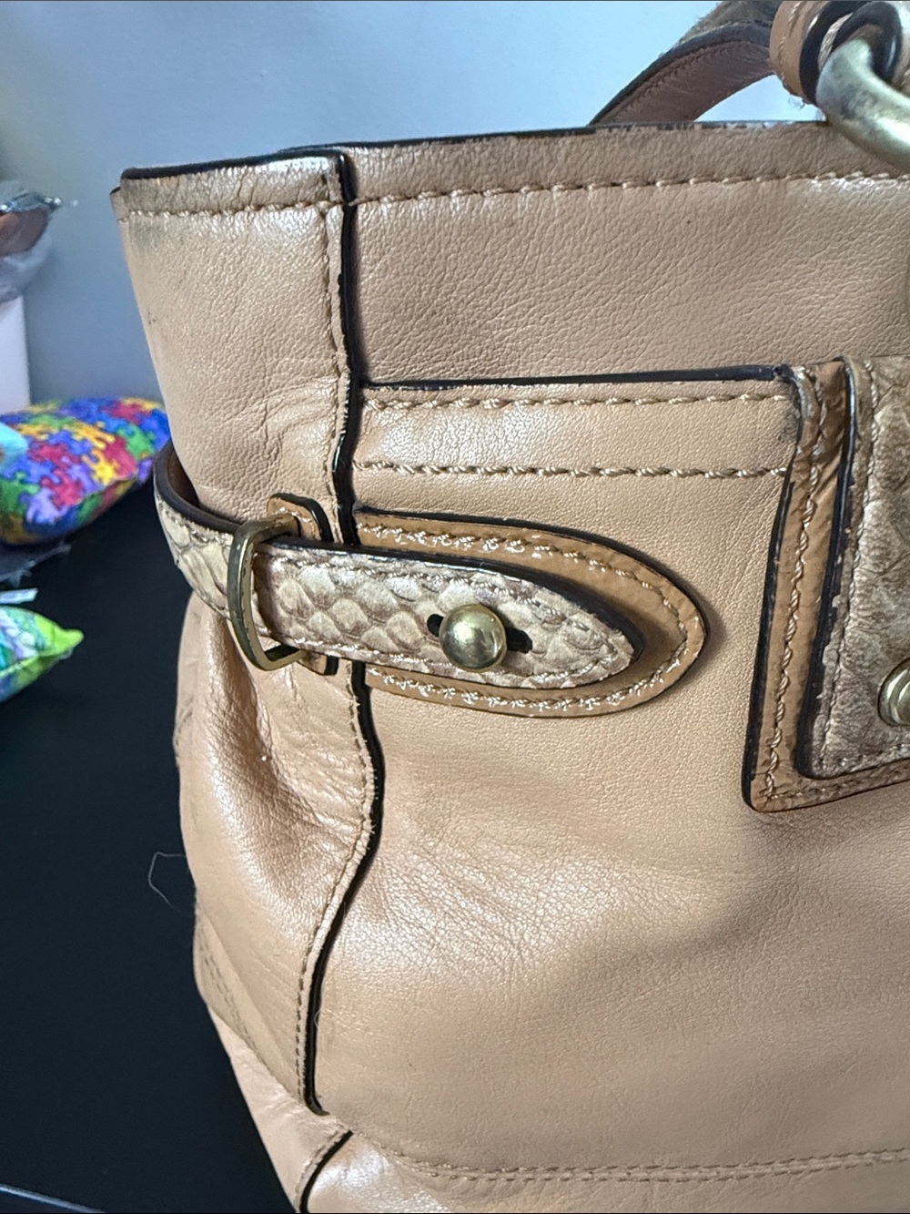 Coach Tan Leather Shoulder Bag with Floral Scarf Accent - Picture 14 of 16